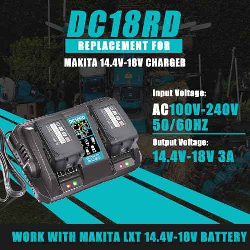 Dual Ports Replacement 14.4V-18V Charger for Makita Battery Charger DC18RC DC18RD DC18RD, Compatible with Makita Battery 18V-14.4V BL1815 BL1820 BL1830 BL1850 BL1860 BL1840 BL1430 BL1415