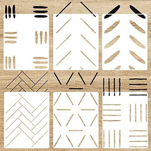 6 Pack 14'' Modern Herringbone Geometric Brick Hexagon Boho Lines Wall Stencils for Painting Large Pattern on Wall, Reusable Decorative Template for Scandinavian Painting Wall D?cor