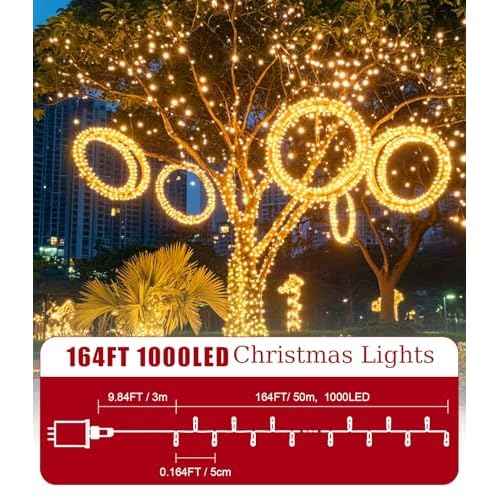 164FT 1000LED Warm White Christmas Lights Outdoor with 8 Modes, IP44 Waterproof Plug in Christmas Tree Light Fairy String Lights for Christmas, Patio, Garden, Indoor Outdoor Decor
