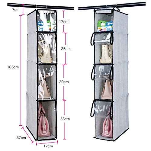 4 Tier Handbag Purse Organizer with Dustproof Cover, Foldable Hanging Closet Wardrobe Storage Shelves Closet Storage System for Living Room Bedroom Home Use, Grey