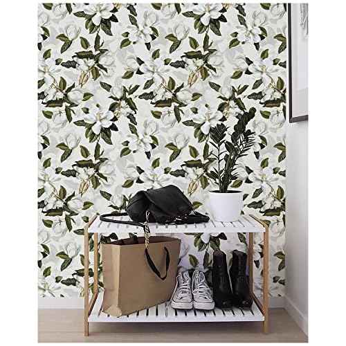 HAOKHOME Peel and Stick Gardenia Floral Wallpaper Removable Off White/Grey/Green Vinyl Self Adhesive Mural 17.7in x 9.8ft