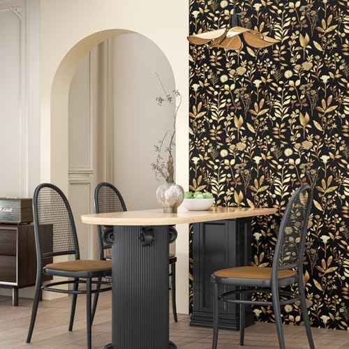 Gold Leaf Wallpaper 17.5" x 118" Blue Floral Contact Paper for Cabinet Waterproof Self Adhesive Wall Paper for Kitchen Countertop Wall