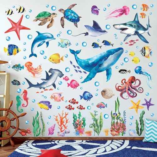 110PCS DIY Marine Animal Stickers, PVC Wall Decals for Home & Commercial Spaces - Whale, Turtle, Octopus, Dolphin, Coral Designs, Multi-Surface Adhesive Art for Kids & Adults