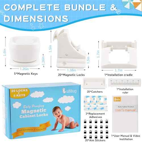 20 Pack Magnetic Cabinet Locks Baby Proofing - Baitiny Child Proof Cupboard Drawers Latches - Adhesive Easy Installation