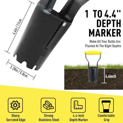 Jardineer Small Bulb Planter Tool? Compact Stainless Steel Transplanter for Bulbs, Seedlings & Flowers ? Ergonomic Handle with Depth Markings ? Silver & Black? Durable Garden Planting Tool