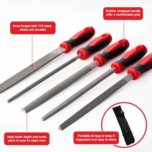 MAXPOWER 10-inch Metal File Set, 5 Pieces Hand Files Including Flat, Round, Half-Round, Triangle and Square, Soft Grip Handle, File Set for Wood, Metal Work and DIY