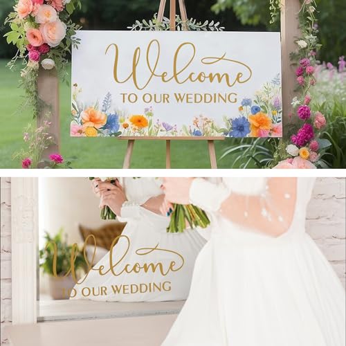 Welcome to Our Wedding Vinyl Sticker Decor for Wall Window Car Waterproof Marriage Reception Sign Ceremony Decal for Couples Spouse DIY Self-Adhesive (Gold-Welcome)