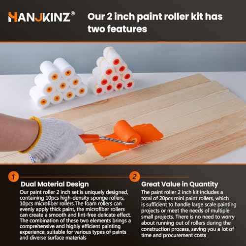 2 inch Paint Roller Kit, 20 Pack Small Paint Roller Set with High Density Foam Paint Roller and 3/8" Nap Microfiber Covers, Touch Up Mini Paint Rollers for Wall, Door, Cabinet, Craft