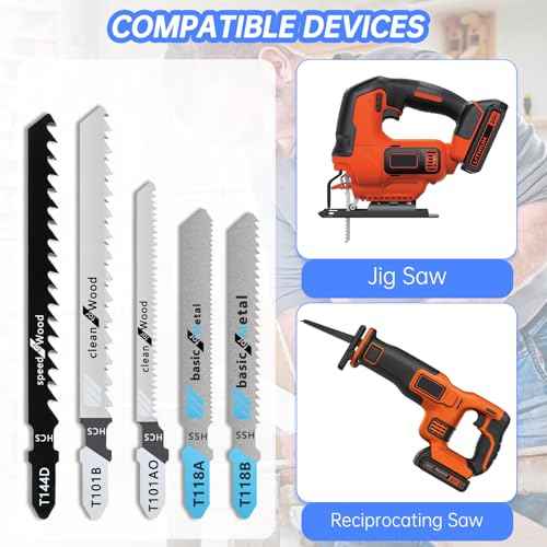 T Shank Jigsaw Blades Compatible with Black and Decker,25PCS Multi-Purpose HCS Jigsaw Blades Set Compatible with Black and Decker (T101AO, T144D, T118B, T118A, and T101B,Each 25pcs)