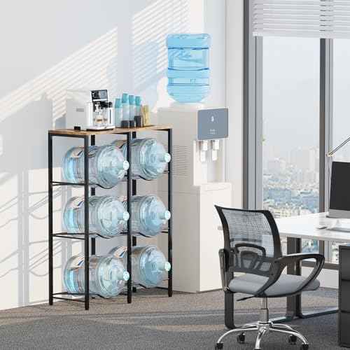 5 Gallon Water Jug Holder, Water Jug Stand with Storage Rack, 3-Tiers Water Dispenser Stand, Water Bottle Stand for Kitchen, Office, Living Room, Brown