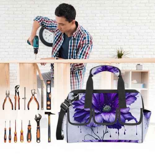 15 Inch Tool Bag 14-Pockets Tool Box Organizer for Men Big Floral Purple Tool Tote Bag Waterproof Toolbox with Shoulder Strap Heavy Duty Garden Tool Organizer for Mechanic