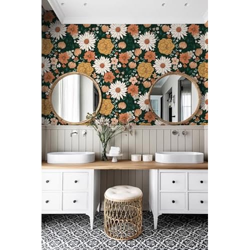 HAOKHOME Vintage Wallpaper Peel and Stick Floral Boho Moody Wall Paper Removable for Bathroom Contact Paper Green/Terracotta 17.7in x 6.6ft