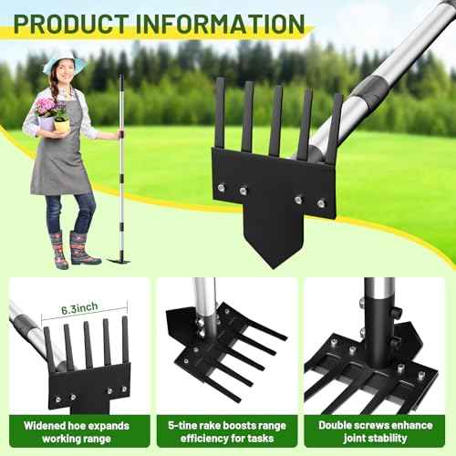 2-in-1 Heavy-Duty Weed Puller Tool with 5-Tine Rake ? 30" to 60" Adjustable Handle, Hoes for Gardening, Hoe Garden Tools for Loosening Soil, Planting, Weeding