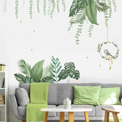 LHIUEM Green Tropical Leaves Wall Stickers Hanging Plants Green Jungle Wall Decals Parrot Wall Art Nature Hanging Vine Palm Clings for Bedroom Living Room Sofa TV Background