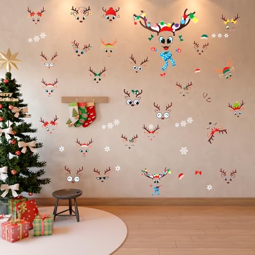 Christmas Reindeer Face Stickers for Crafts, 52 Pcs Christmas Vinyl Reindeer Face Decals for Wall Window Cling DIY Art Door Refrigerator Ornaments Glass Cup Water Bottles Christmas's Party Decorations