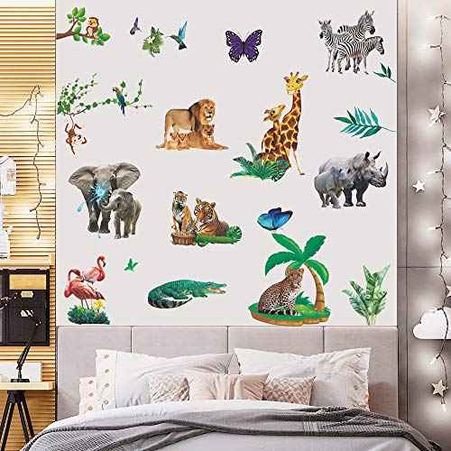 Lifelike Jungle Animal Wall Decals Safari Wild Animal Wall Stickers Removable Lion Tiger Elephant Animal Wall Decor for Boys Girls Bedroom Kids Nursery Classroom Daycare Playroom MG1011