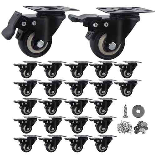 2 Inch Caster Wheels Set of 24 Heavy Duty Casters,with Brake,No Noise Locking Polyurethane (PU) Wheels, for Furniture and Workbench Load 800lbs
