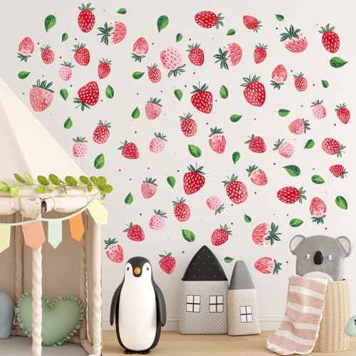 8 Sheet Strawberry Wall Decal, Peel and Stick Strawberry Wall Sticker for Kids Room Dining Room Kitchen