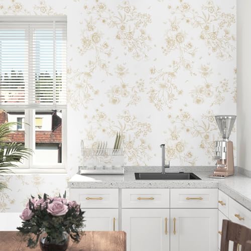 LiKiLiKi 17.3"x118" Peel and Stick Wallpaper Beige and Brown Flowers Leaves Butterfly Floral Wallpaper Self Adhesive Removable Waterproof Contact Paper for Bedroom Bathroom Cabinets Vinyl Roll
