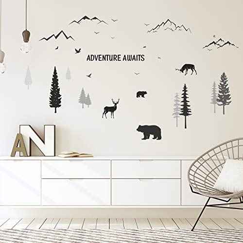 Tenare Dreamy Forest Wall Decals with Pine Tree, Animal Deer, Mountain & Inspirational Quote - DIY Wall Stickers for Kids' Room, Living Room, Bedroom (Simple Style)