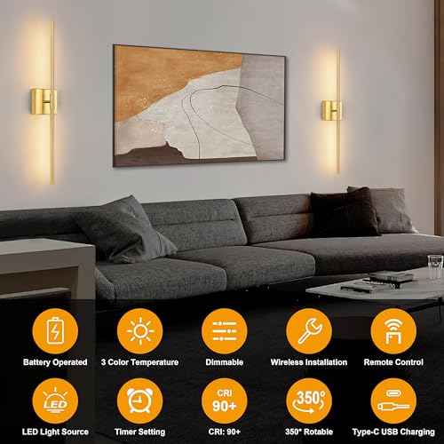 Battery Operated Wall Sconce Set of 2 - Wireless, 3000K-6000K, Dimmable, Remote and Touch Control, Timer, Removable Battery Compartment, Gold 24 Inch Modern Sconce for Bedroom, Living Room