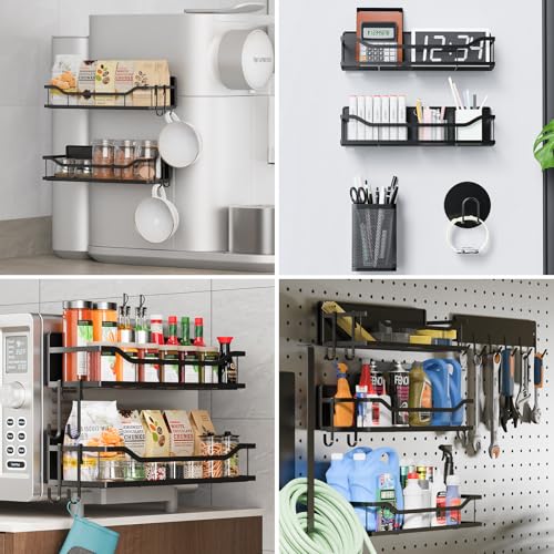 8 Pack Magnetic Shelves for Washing Machine / Hanger Organizer, Tool Holder, Heavy-Duty Metal Magnetic Spice Racks, Space Saving Shelf for Home Kitchen Closet & Laundry Room Organization (Black)