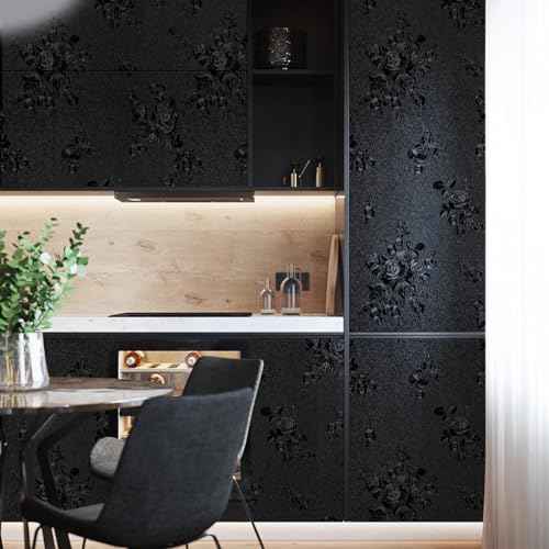 Erfoni Black Peel and Stick Wallpaper Black Floral Embossed Contact Paper 17.7inch¡¿118.1inch Removable Textured Flower Wallpaper Self Adhesive Thicken Livingroom Countertops Cabinets Wall Paper