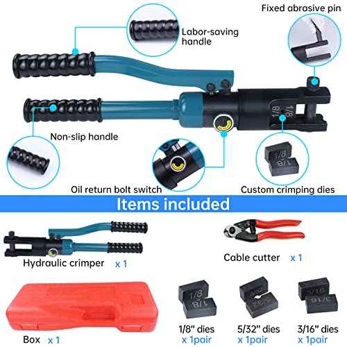 Muzata Upgraded Custom Cable Railing Crimping Tool Hydraulic Crimper Hydraulic Crimping Tool for 1/8" 5/32" 3/16" Stainless Steel Cable Railing Kit Wire Rope Swaging Kit with Wire Cutter CT01