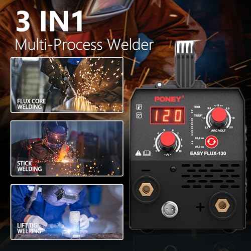 PONEY 120A Flux Core MIG Welder 110V - 3 in 1 Gasless MIG/Stick/Lift TIG Welding Machine with Synergic Control IGBT Inverter Multi-process Portable Wire Feed Welder