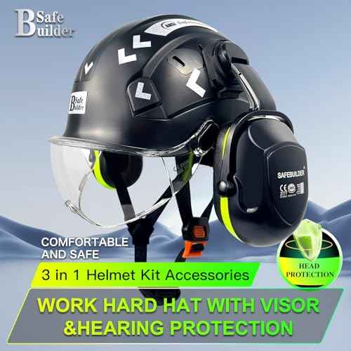 Hard Hat with Visor Ear Muffs Safety Helmet Lightweight Adjustable Vented Work Helmet 6-Point Suspension ANSI Z89.1 Approved Construction Head Protection