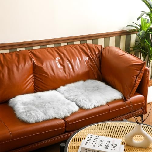 2 Pcs Natural Sheepskin for Bed Sores and Skin Imitation Wool Medical Sheepskins with Non-Slip Back for Pain Relief and Discomfort, Wool Seat Pad, 17 in x 17 in (White)