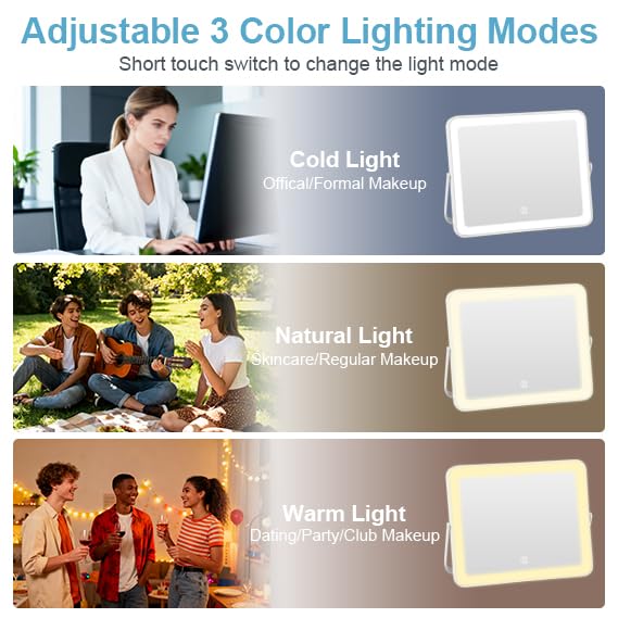 YEKKOPT Portable Desk Vanity Mirror with Lights,10"ÃÂ12" Small Rechargeable Makeup Mirror with Lights,Smart Touch Screen with 3-Color Lighting,Dimmable,for Dorm Tabletop,Bedroom,Decor