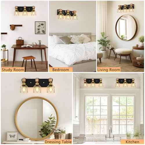 FadimiKoo Black and Gold Vanity Light, 3-Light Farmhouse Vanity Light, Bathroom Light Fixtures Over Mirror, Industrial Indoor Wall Mounted lamp for Bathroom, Living Room, Cabinet, Bedroom