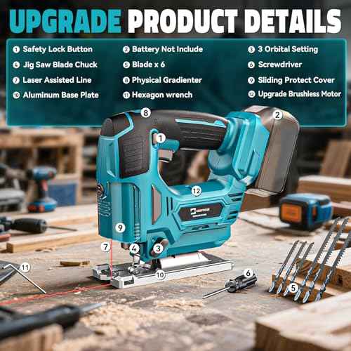 Jig Saw Compatible with Makita 18V Battery, Laser Guide Cordless Jigsaw Tool, Brushless Motor, Variable Speed, 45¡Æ Bevel Angle Cut, LED Light, 3 Orbital Sets, 6PCS Blades (No Battery)