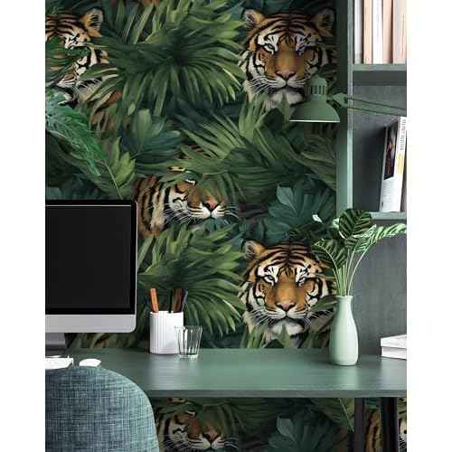HAOKHOME Tropical Peel and Stick Wallpaper Jungle Tiger Leaf Plam Animal Removable Stick on Contact Paper for Home Decor Green/Brown 17.3in x 9.8ft