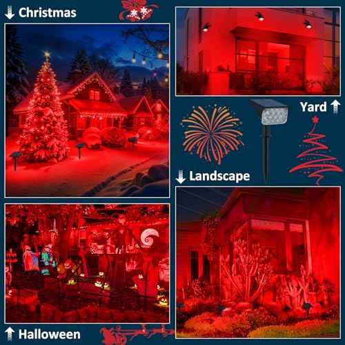 T-SUNUS Christmas Red Solar Lights for Outside IP65 Waterproof Auto On/Off Adjustable Landscape Spot Lighting Garden Spotlight Outdoor Tree Pathway Yard Driveway Wall Patio Lawn Flag Halloween 4 Pack