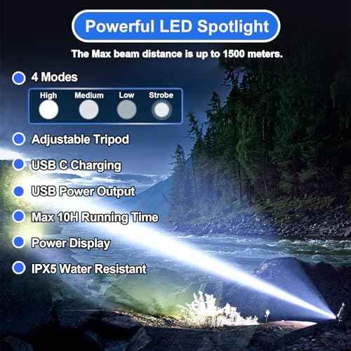Rechargeable Spotlight Flashlight High Lumens 3,000,000L, Super Bright Led Spot Light Outdoor with Adjustable Tripod, 4 Modes High Powered Handheld with USB C, Waterproof for Boat, Emergency