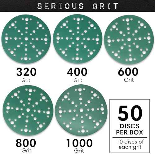 Serious Grit - 6-Inch 49-Hole High Grit Sanding Discs Assortment - 320, 400, 600, 800, 1000 Grit (10 of Each) - Wet Dry Hook & Loop Film Discs - Sandpaper for Random Orbital Sanders - 50 Pack Box