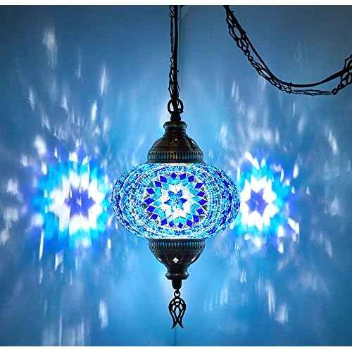 DEMMEX Plug-in Turkish Moroccan Mosaic Hanging Pendant Ceiling Light ? Swag Lamp Fixture with 15ft Cord & Chain, Handcrafted Glass, Tiffany Style, Mediterranean Decor (Amber Brown)