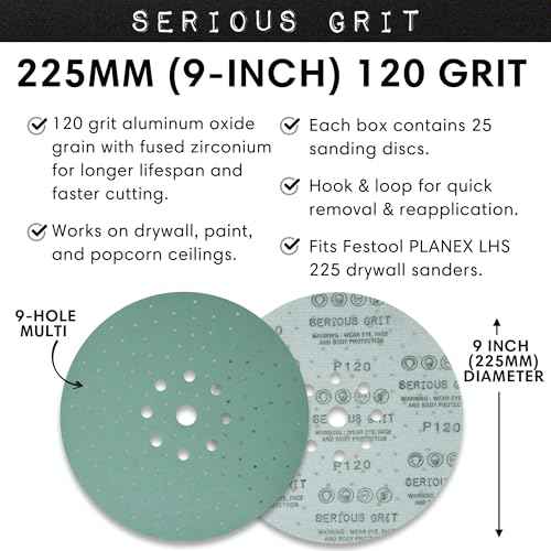 Serious Grit - 225mm 9-Hole 120 Grit Drywall Sanding Discs - Fits Festool Planex LHS 225 Sanders - Heavy-Duty Hook & Loop Film Abrasives - Dust-Free Multi-Hole Drywall Sander Sandpaper - 25 Pack