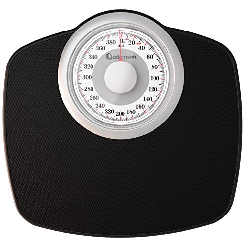 Adamson A25W Scales for Body Weight - Up to 400 LB - 5.3" Dial on 12.4" x 10.2" Platform - Anti-Skid Rubber Surface - High Precision Bathroom Scale Analog - Durable with 20-Year Assurance - Black