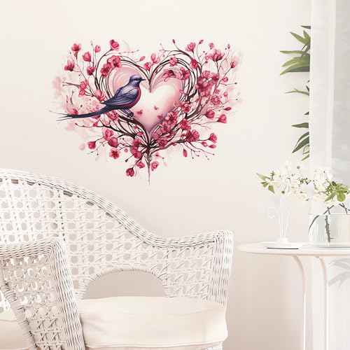 Pink Rose Love Heart Hummingbird Flower Wall Stickers,sacinora Valentine Romantic Love Floral Art Wall Decals Removable Vinyl Peel and Stick for Valentine's Day Wedding Anniversary Living Room Bedroom