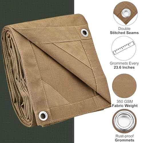 Canvas Tarp 10x12 Feet, 12 Oz Heavy Duty Waterproof with Rustproof Grommets, UV Resistant, Multipurpose Outdoor Tarpaulin for Camping, Canopy, Woodpile, Trailer (Tan)