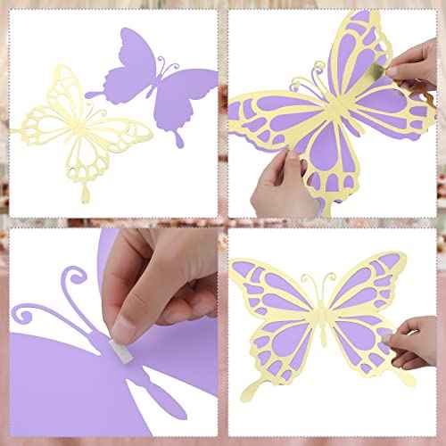 Geyee 12 Pcs 3D Large Butterfly Party Decoration 12 Inch 10 Inch Big Butterfly Centerpieces for Tables Baby Shower Birthday Wedding Hanging Decoration(Gold and Purple)