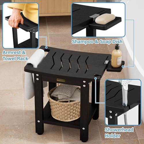 YEFU Shower Chair for Inside Shower: Slip-Resistant Waterproof No Maintenance 500 LBS Weight Capacity - Shower Bench/Stool with Shelf & Handle for Bathroom/Outdoor - Easy to Assemble for Adult/Black