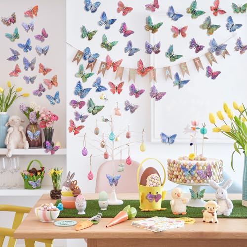 50 PCs Butterfly Wall Decor Cute Fairy Butterflies Wall Stickers 3D Butterflies for Birthday Cake Wedding Party Craft Room Decor Removable DIY Wall Decals sm- (Mixed)