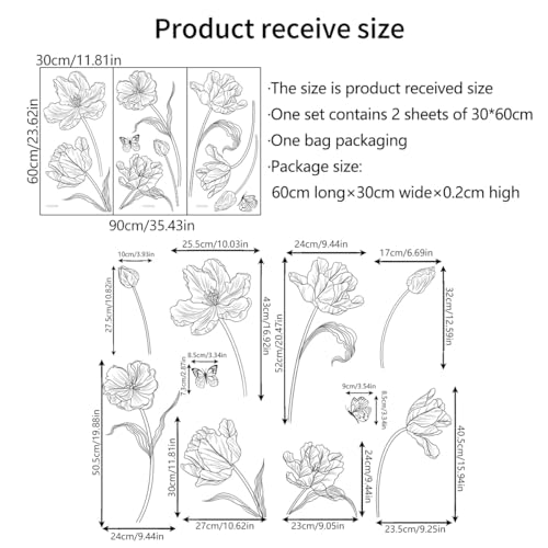 Creative 3D Black Flower Wall Decals Boho 8 Tulip Flowers Wall Stickers DIY Peel and Stick Sketch Simple Line Garden Floral Plants Wall Decor for Kids Girls Bedroom Living Room Nursery Decoration