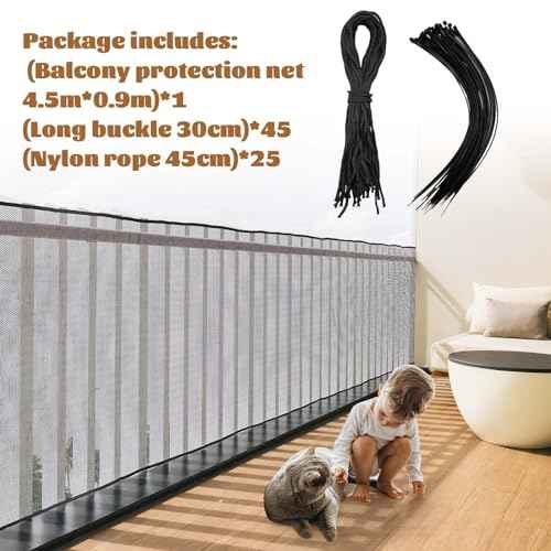 Hosuly Banister Guard 15 x 3 ft Balcony Netting for Kids Pets Stairway Safety Net Baby Fence Door Balcony Netting Safety Mesh Stair Net with No Drilling for Apartment Railing(Black)