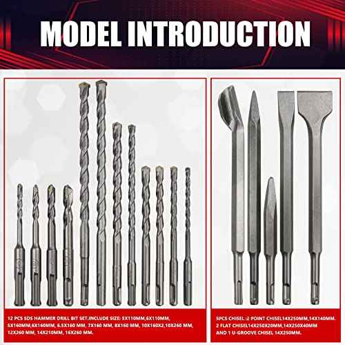 17PCS Rotary Hammer & Chisels Masonry Drill Bit Set, SDS Plus Drill Bits Set, Fit for Drilling and Cutting in Concrete,Brick,Walls