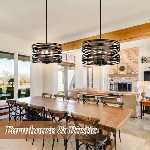 12.6'' Farmhouse Chandelier for Dining Room, Kitchen Lighting Fixtures Ceiling, 3-Light Black Pendant Light Fixture, Modern Industrial Drum Hanging Light for Over Table Foyer Entryway Hallway
